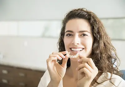 mujer sonriendo con una contención dental removible en la mano